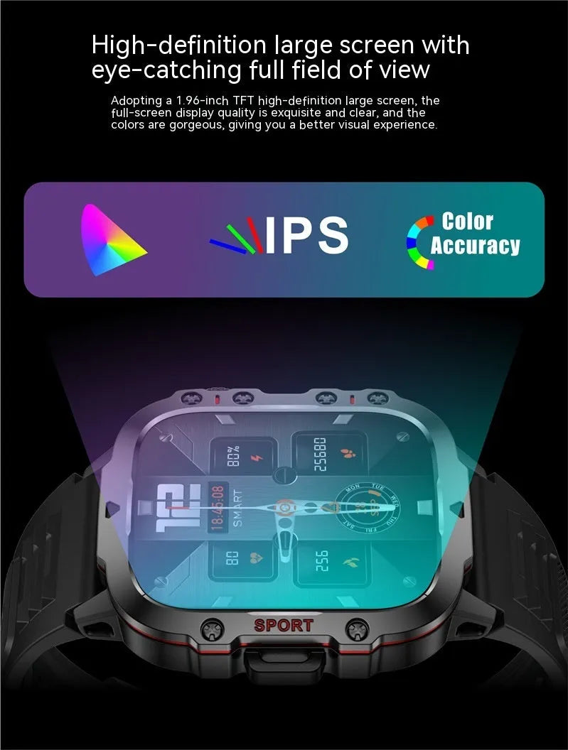 QX11 Smart Bluetooth Watch in black with TFT touch screen showing heart rate data.
