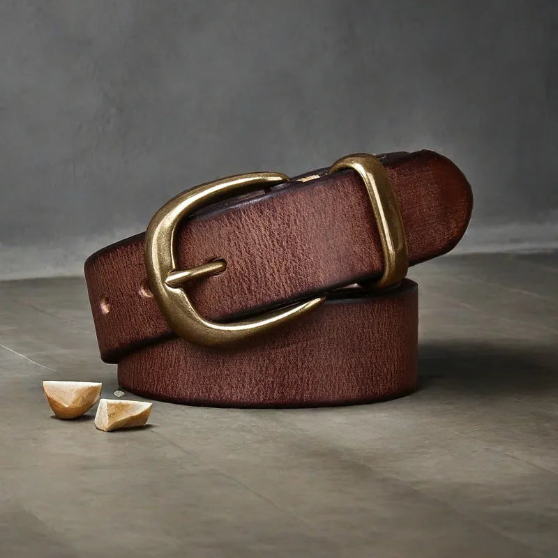 Men's genuine cowhide leather casual belt with copper buckle in black, brown or khaki.