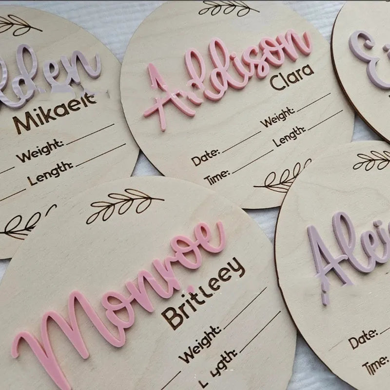 15cm square wooden baby name label with birth information display in rustic nursery style
