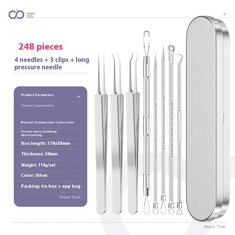 Four silver metal acne needles with ultra-fine pointed tips for skin treatment.