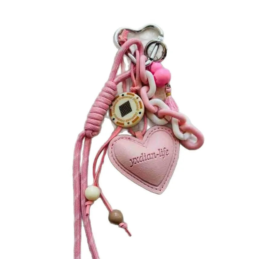 Woven rope leather heart-shaped small gourd pendant keychain in four colours brown black pink red for keys and bags