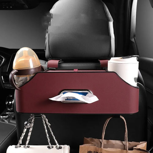 Genuine leather car tissue box holder in one of five colours, showing suspended design.