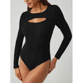 Sunken stripe hollow-out slim-fit one-piece T-shirt top in wine red, high waist, long sleeves