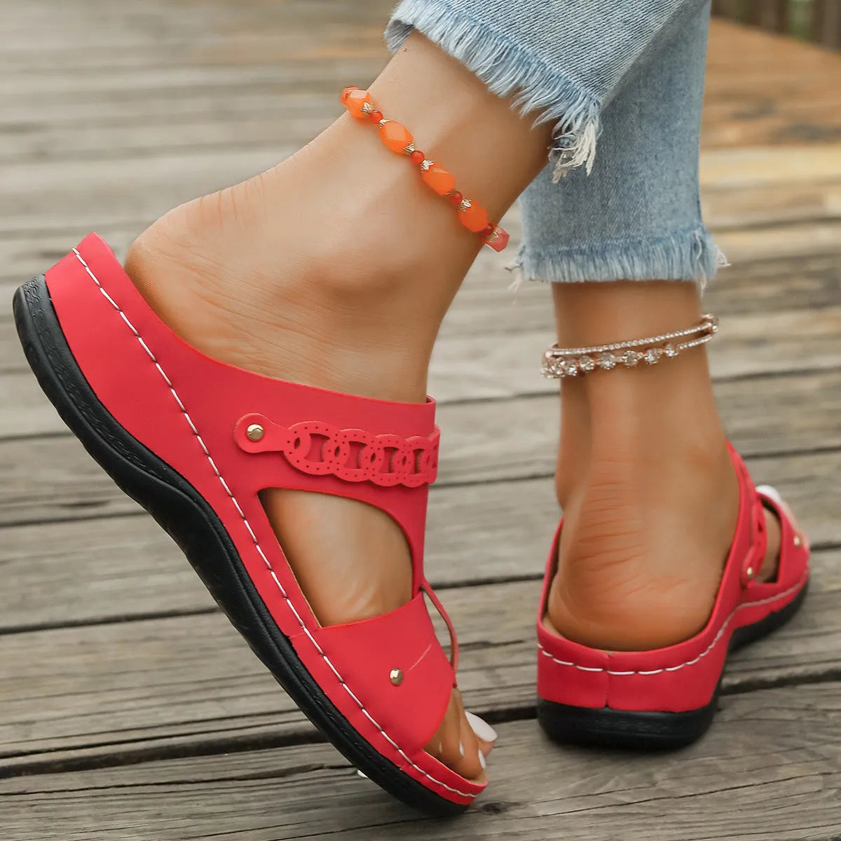 PU Roman style slippers with fish mouth toe holders in blue, black, white, beige, red and brown colours