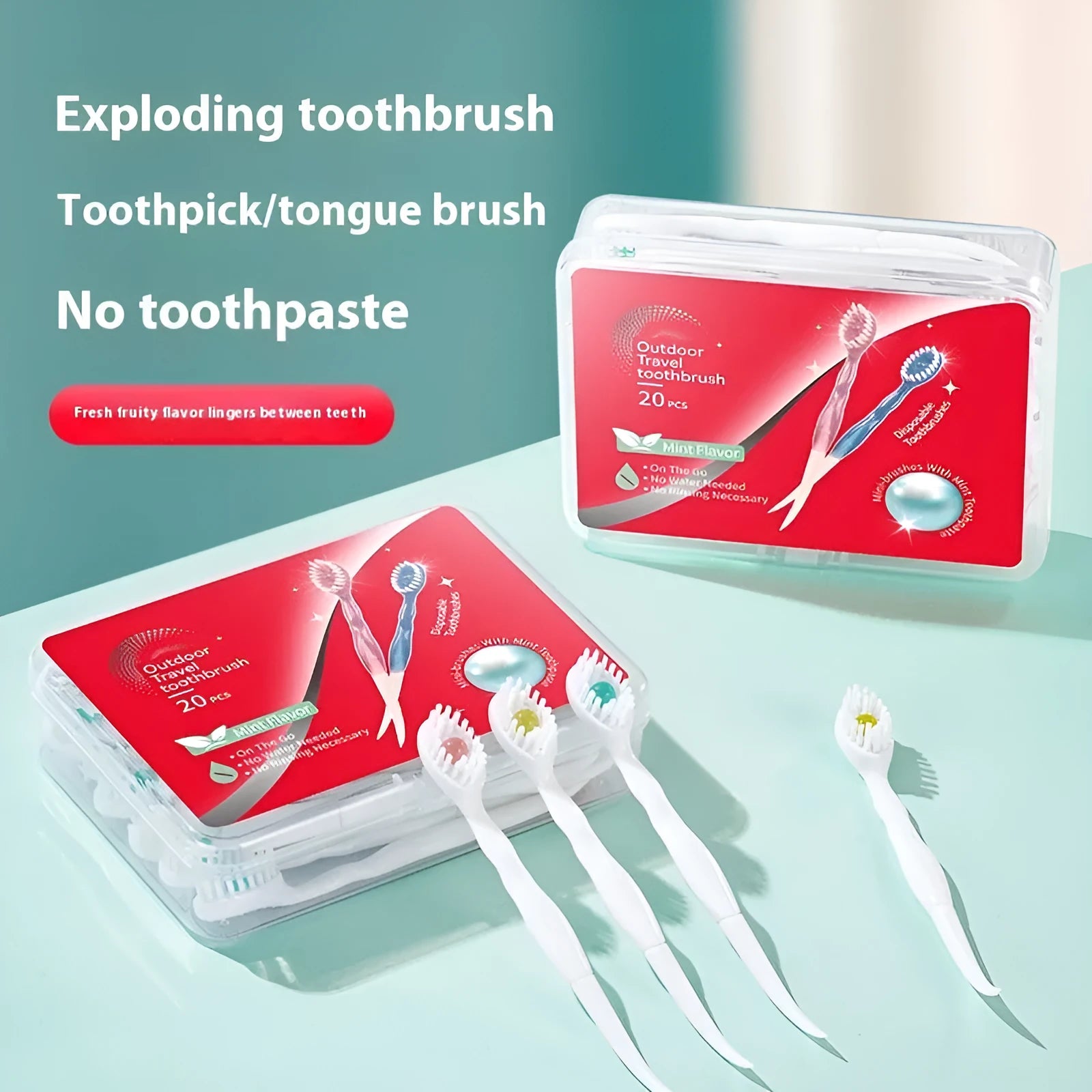 Box containing 20 disposable bead toothbrushes for travel with flavour options