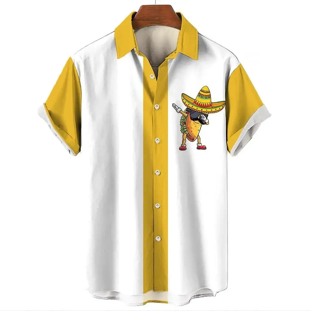 Men's stripe pattern Hawaiian shirt with short sleeves and elastic band construction