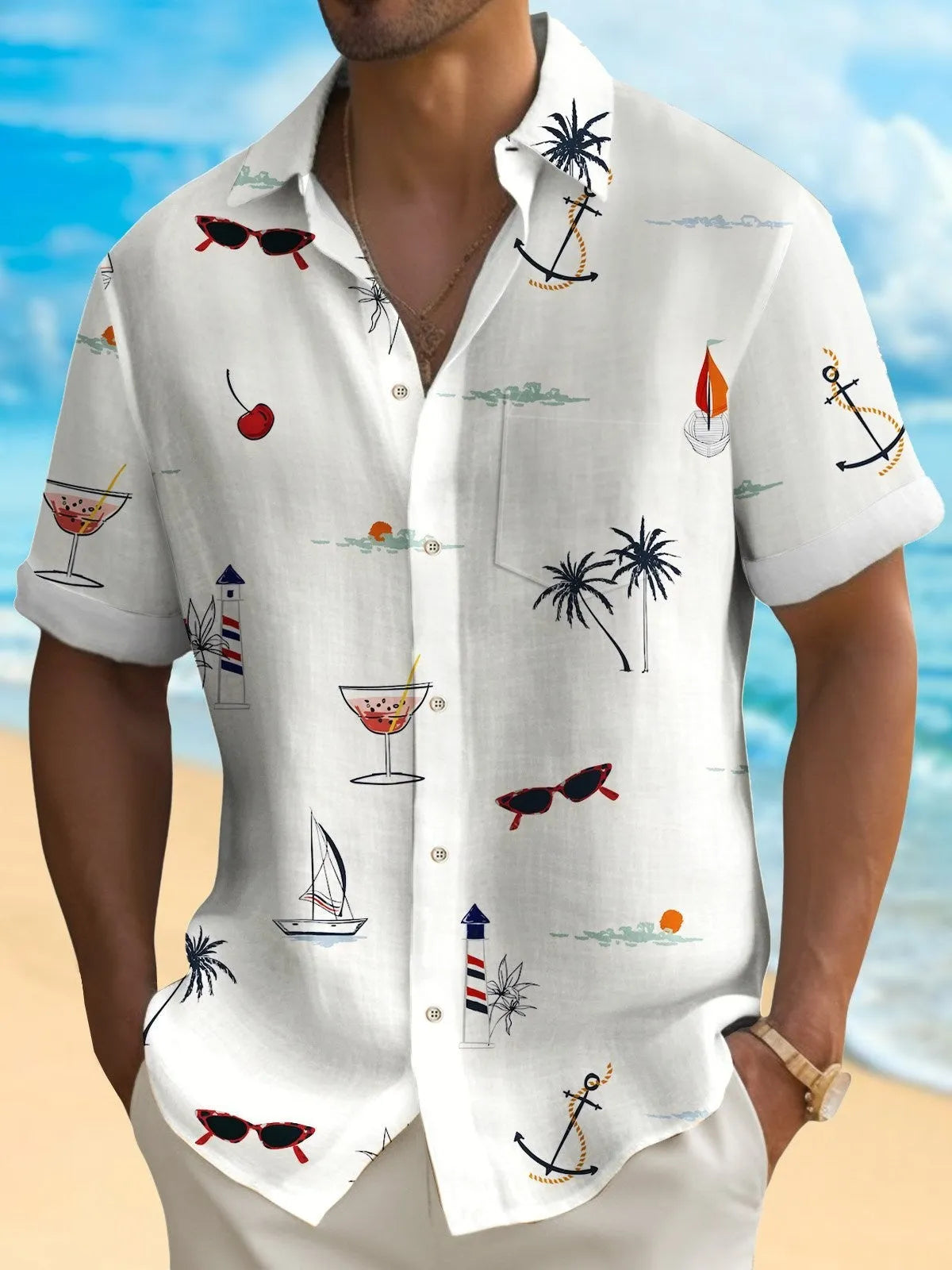 Man wearing a loose fit short sleeve Hawaiian shirt with a colourful digital print pattern.