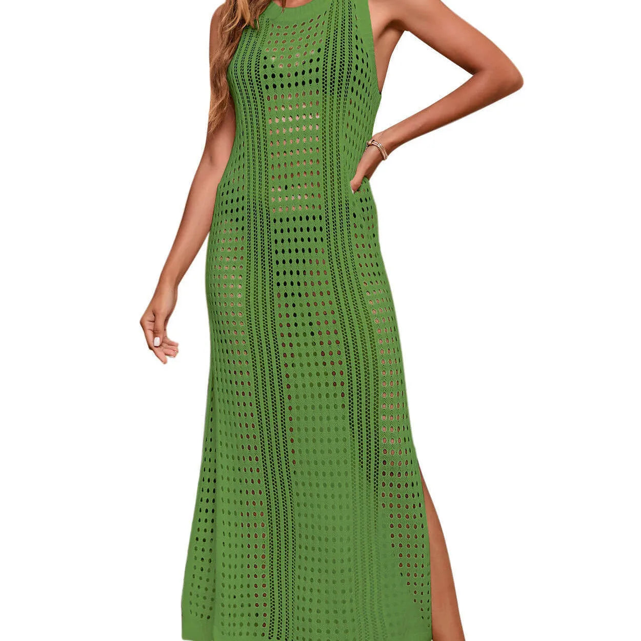 Women's loose green beach knitted blouse with long sleeves and hollow-out design.