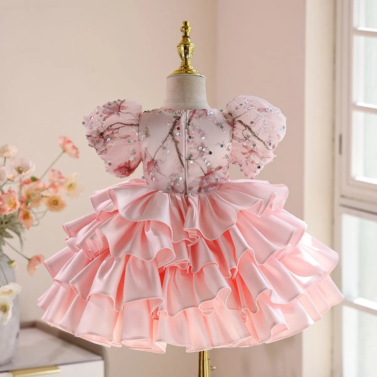 Pink polyester princess dress for baby girl Zhuazhou ceremony light luxury pettiskirt