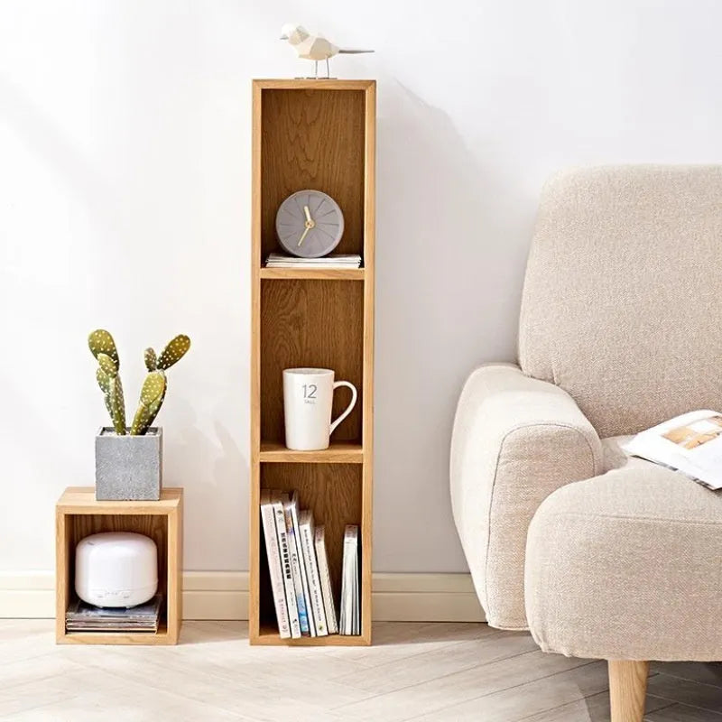 Solid white oak wall-mounted lattice shelf with multiple grids in wood colour, showing books and small decorations