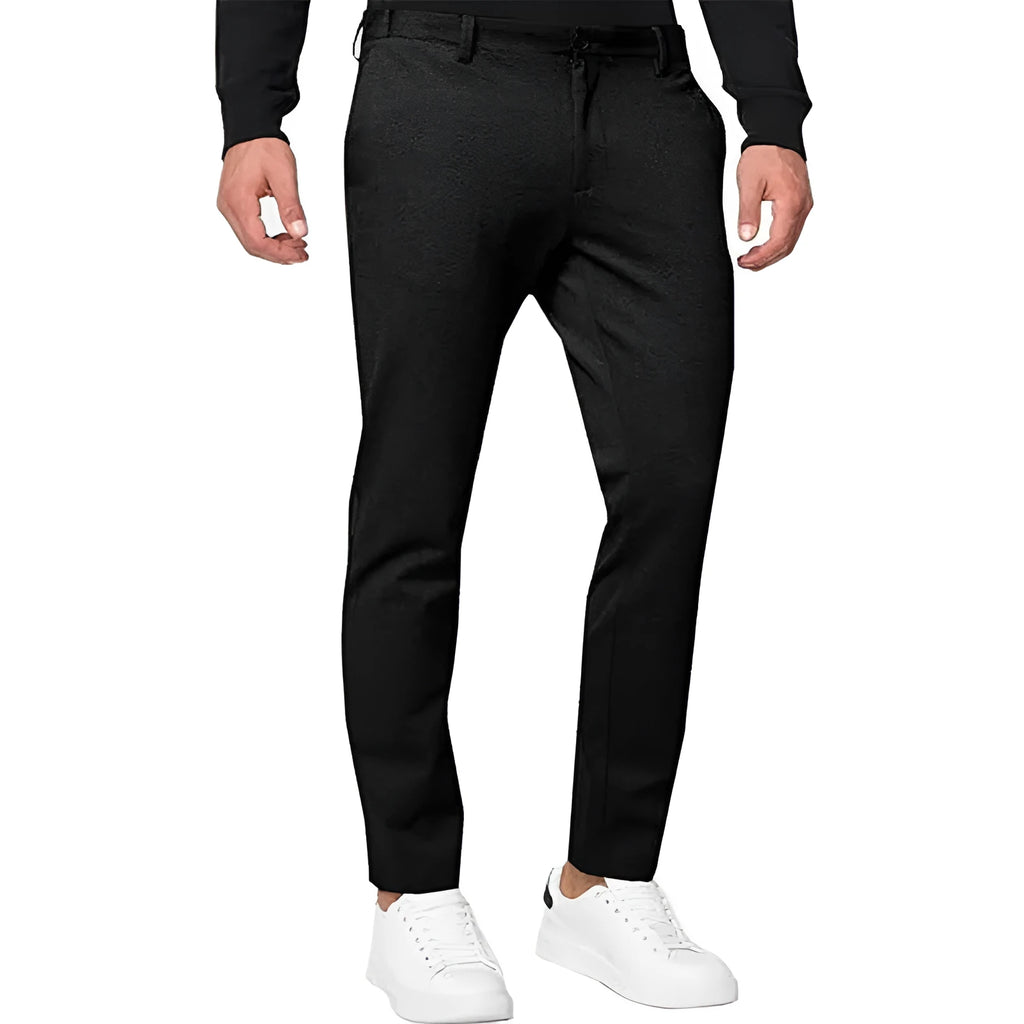 Men's slim-fit tapered chino trousers in a stretch cotton blend fabric, shown in army green colour.