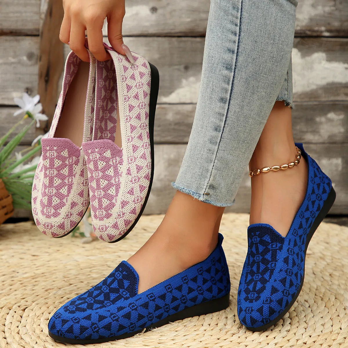 Women's casual flat shoes blue knitted loafers round toe slip-on rubber sole