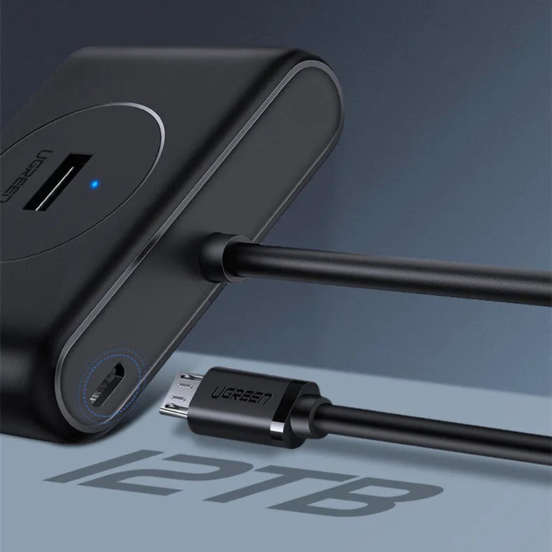 Deep Black USB extender hub splitter with four ports and indicator light, ABS plastic shell, cable length 0.25-2m