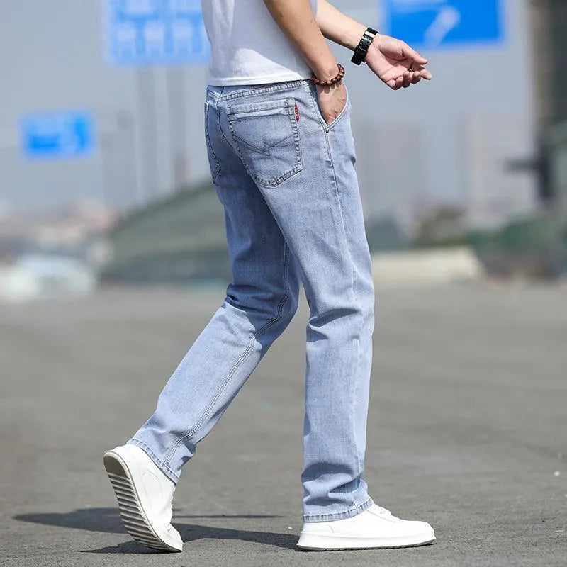 Men's smoky gray rabbit fur elastic jeans straight leg low waist design front view