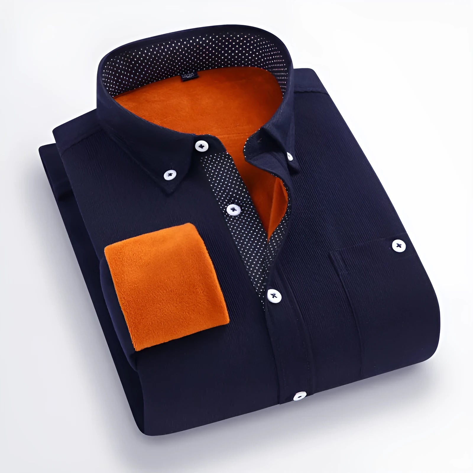 Men's thickened linen flannel shirt in navy blue with long sleeves and loose fit on a mannequin