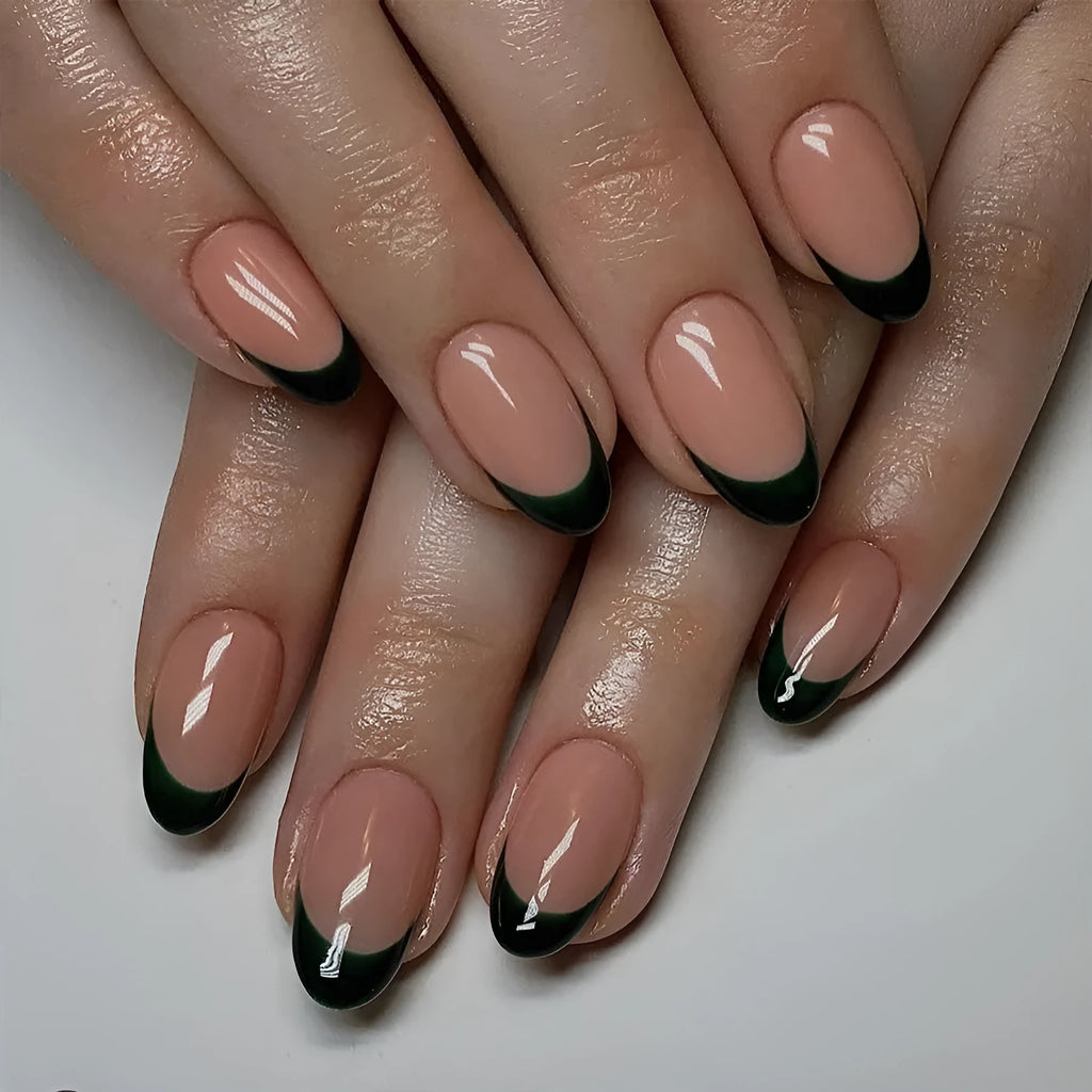 Black French-style manicure set showing 24 almond-shaped nail art pieces with J049 colour classification