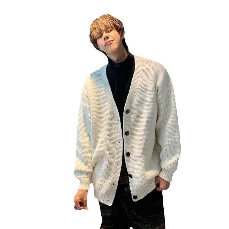 Men's loose-fit V-neck knit cardigan in army green, shown on a hanger.