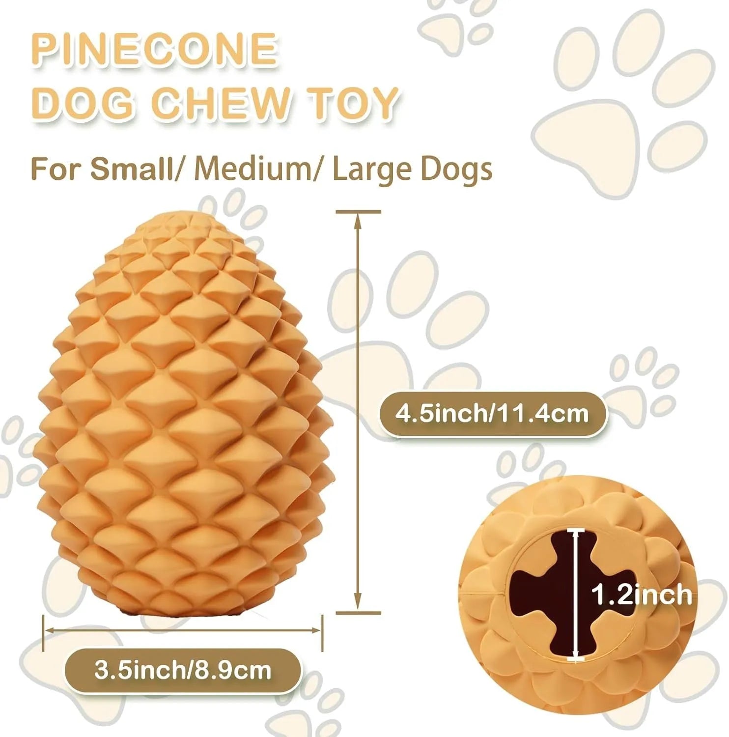 Yellow pine cone shaped natural rubber dog toy with treat dispenser for large breed dogs