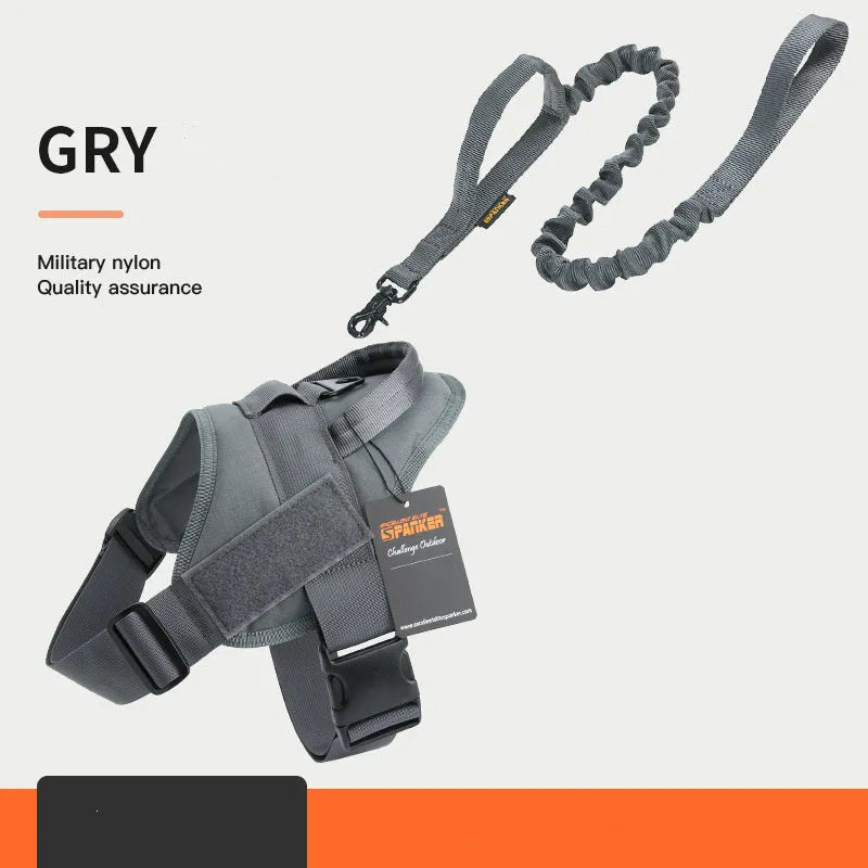 1050D nylon large medium dog harness with UTX buckle and military webbing on grey background