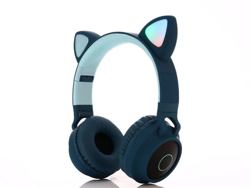 Cartoon cat ear wireless Bluetooth gaming headset shown in green, light blue, pink, purple, and skin tone colour options.