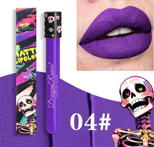 Halloween creative makeup lip gloss in skull-shaped test tube with retro matte gold and silver shades.
