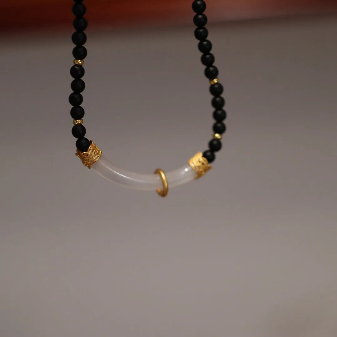 Natural frosted black agate white chalcedony necklace with 925 silver pendant on ball bead chain, matte black colour