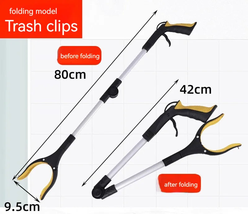 Silver folding rubbish grabber with blue handle extended to 80cm, showing magnet end.