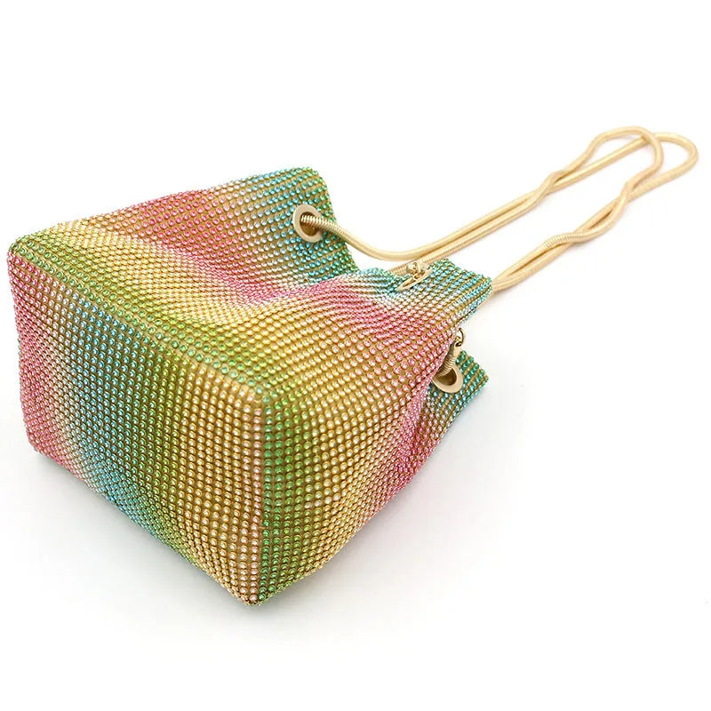 Rainbow rhinestone bucket handbag with glittering multicolour sparkle and crossbody strap