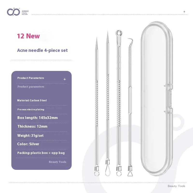Four silver metal acne needles with ultra-fine pointed tips for skin treatment.