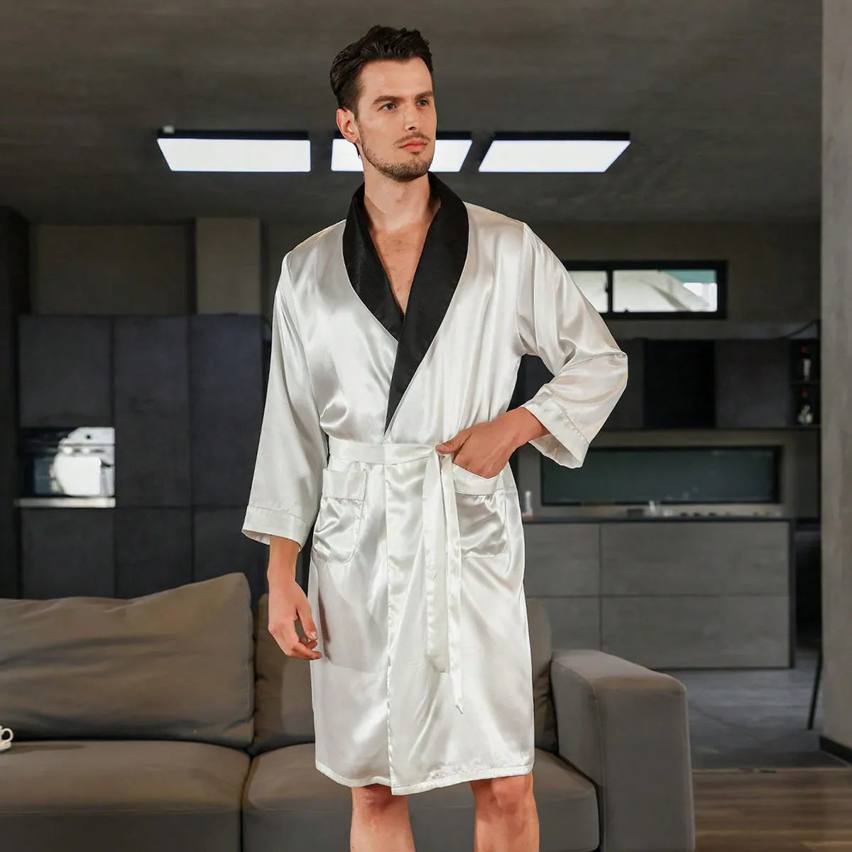 Men's lightweight summer silk bathrobe in rayon blend fabric showing colour pattern options