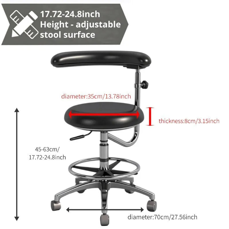 Black leather dentist and nurse chair with hydraulic lift base in a clinical setting.