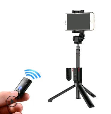 Aluminium alloy Bluetooth selfie stick with remote control and adjustable phone clip in black, pink, or white.