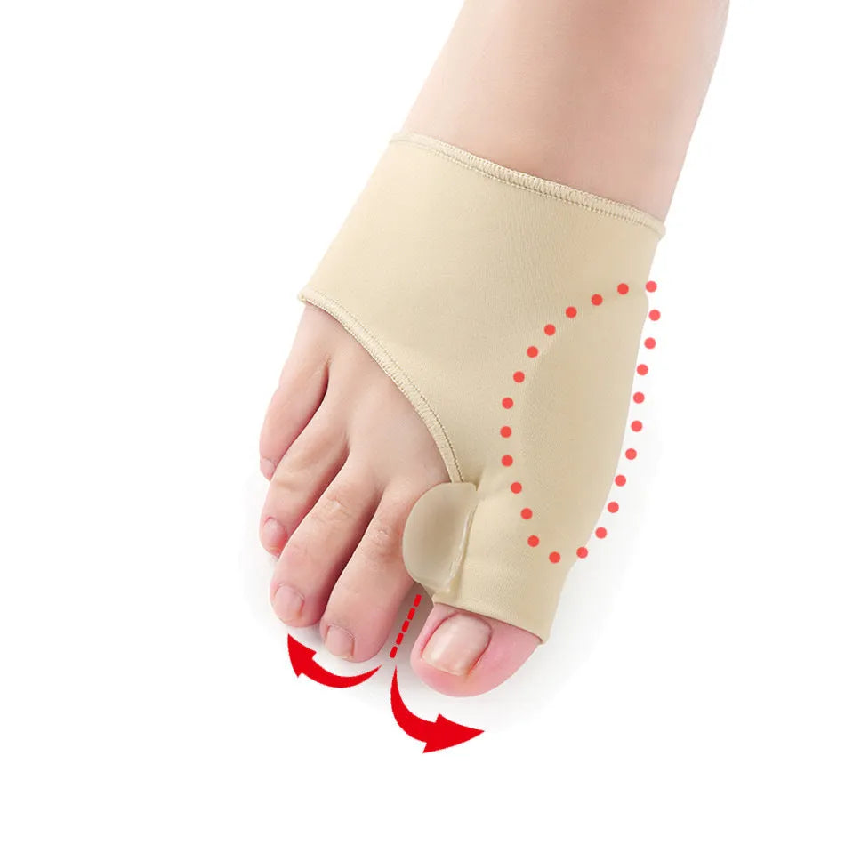 Pair of stretchable corrective socks with a visible gel bunion pad and silicone toe separator.