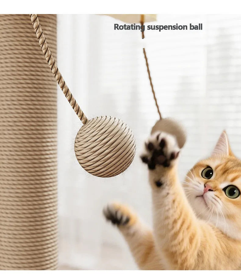 Windmill colour cat climbing frame with a hanging ball toy, made from pine wood and carpet leather.
