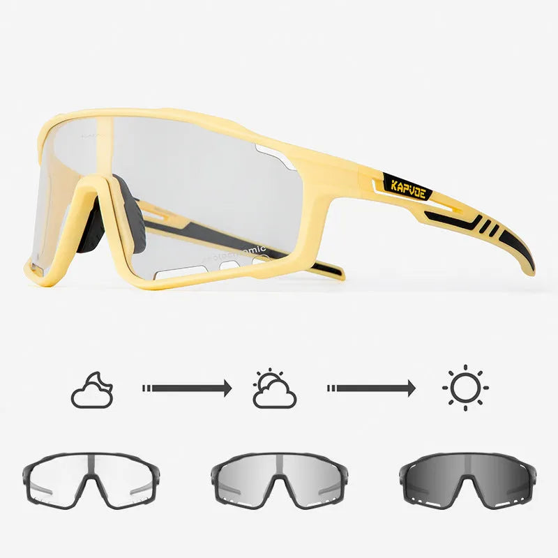 Photochromic cycling sunglasses with a semi-rimless TR90 frame shown in one of fourteen colour options.