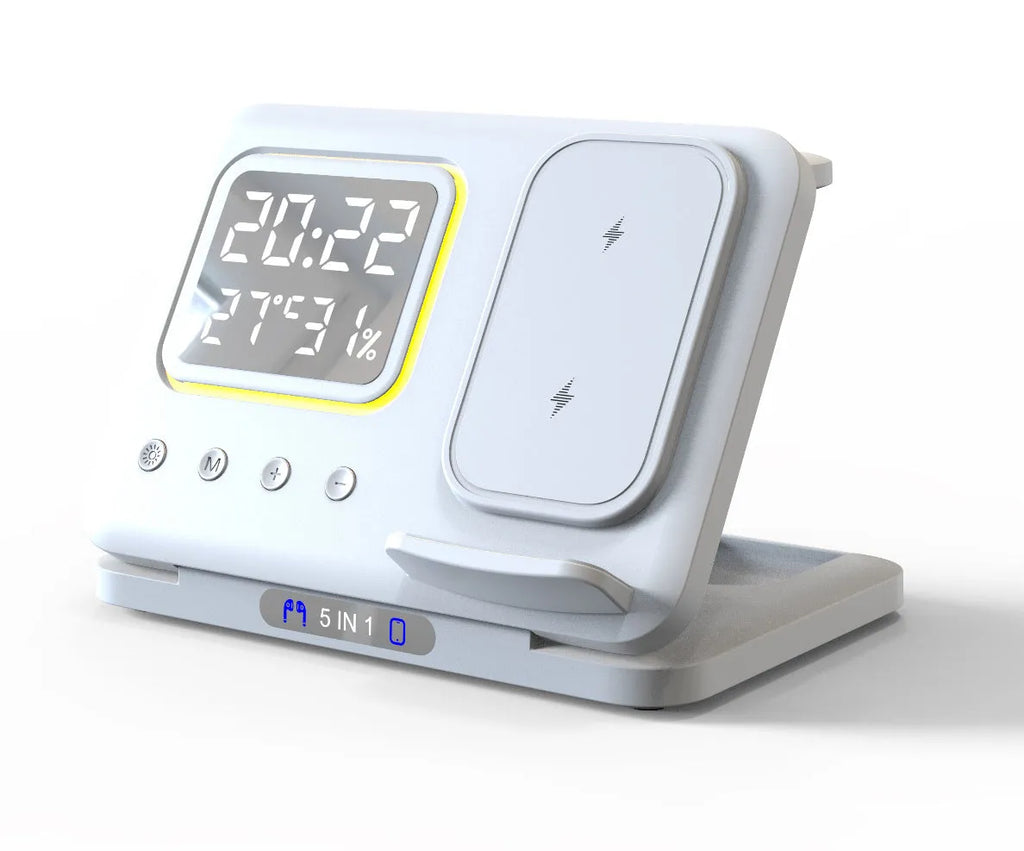 Black wireless charging station showing phone and watch charging with LED display showing time and temperature