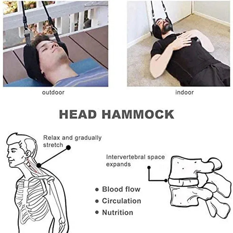 Black neck hammock cervical spine tensioner with velvet, sponge, and breathable mesh on a fitness bench