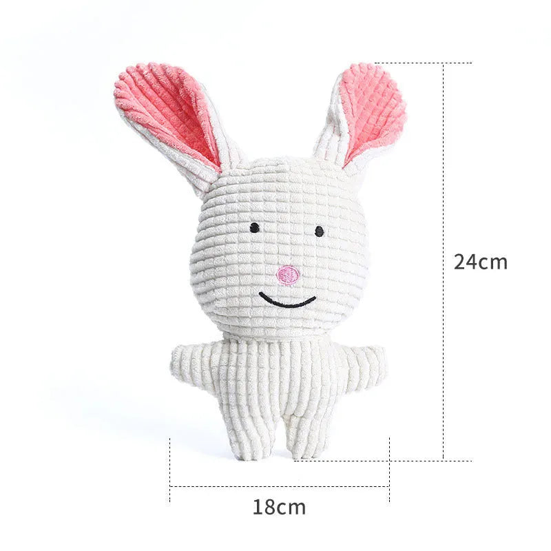 Animal shaped plush dog chew toy with squeaker in blue, brown, cow, grey, pink, white or yellow