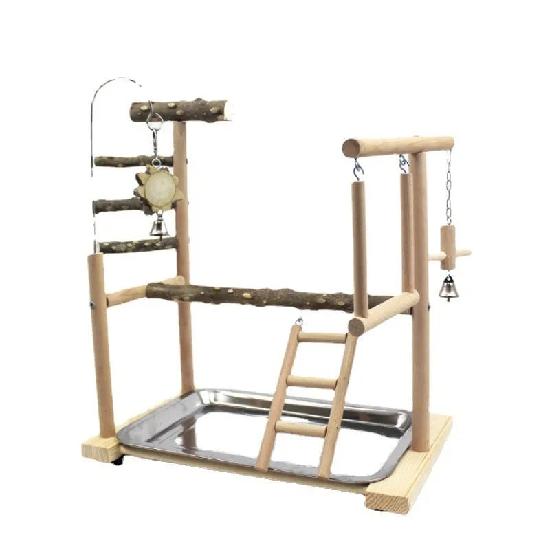 A pepper wood parrot play stand and toy gym for medium to large birds.