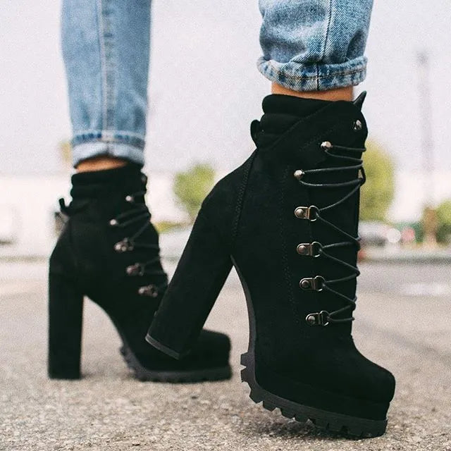 Women's suede high heel ankle boots with thick heel in army green, featuring round toe and Roman-style rivet details.