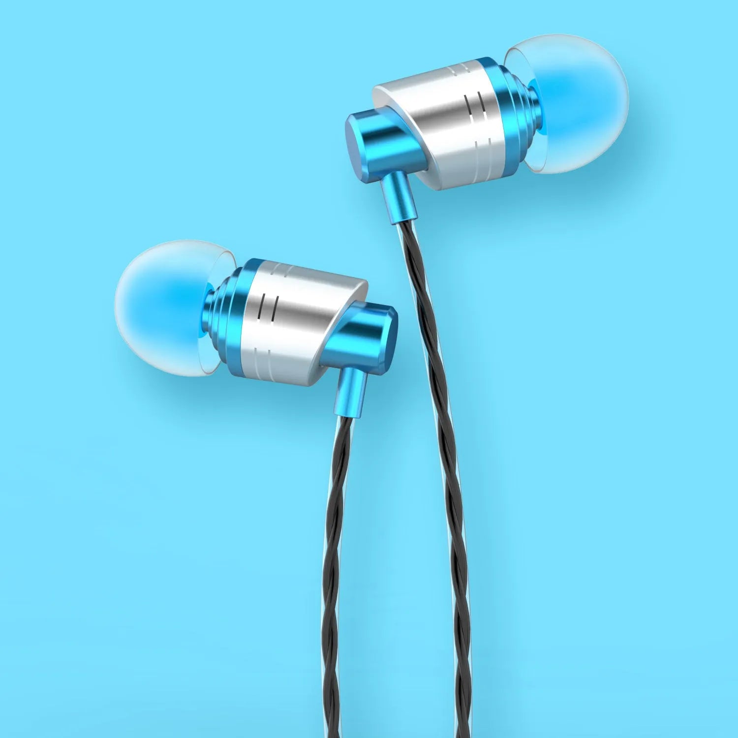 Black wired in-ear headphones with microphone on cable and 3.5mm plug