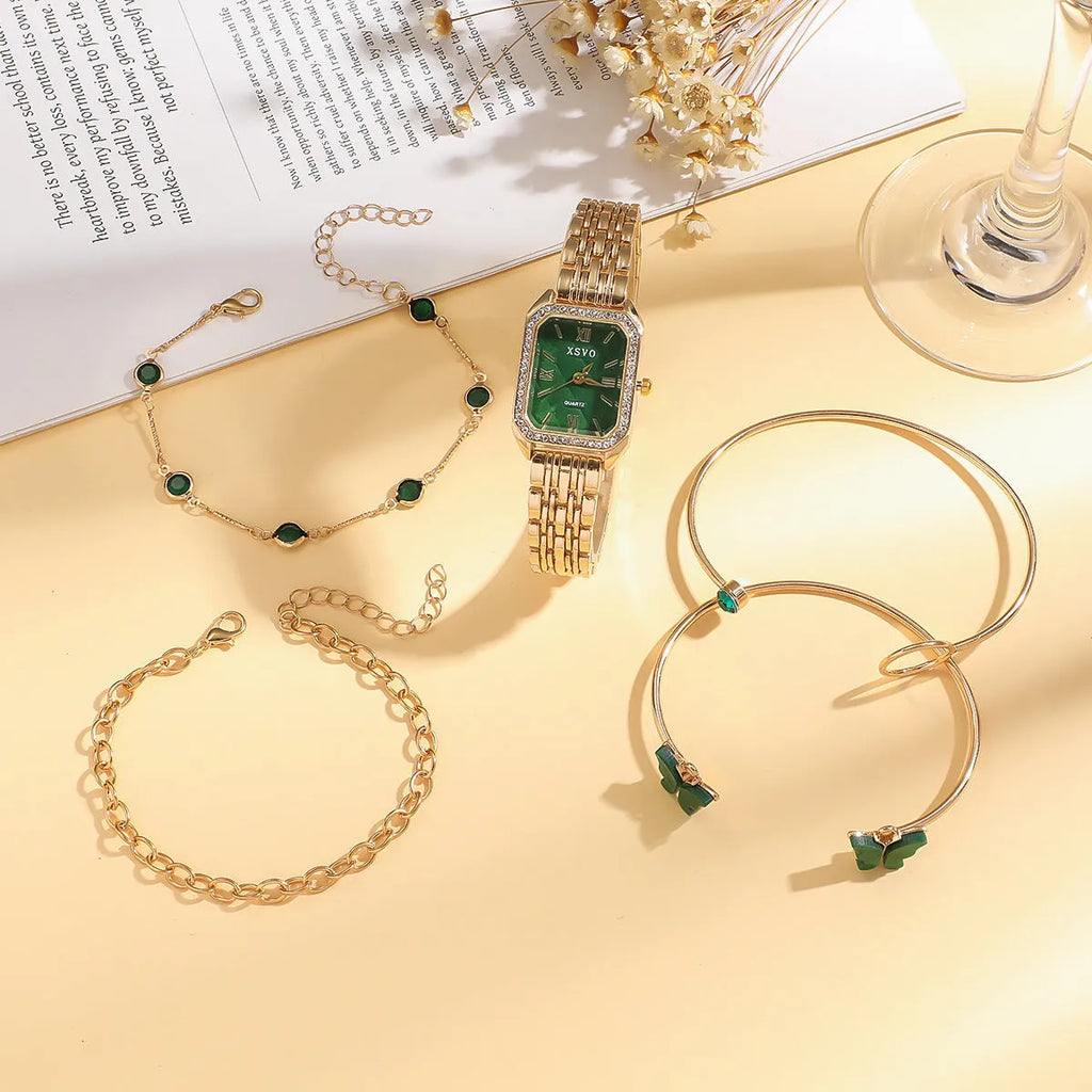 Gold Green square alloy watch and four matching butterfly bracelets laid out as a five-piece set.