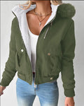 Women's casual hooded jacket with furry lining in Black, long sleeves, polyester fabric