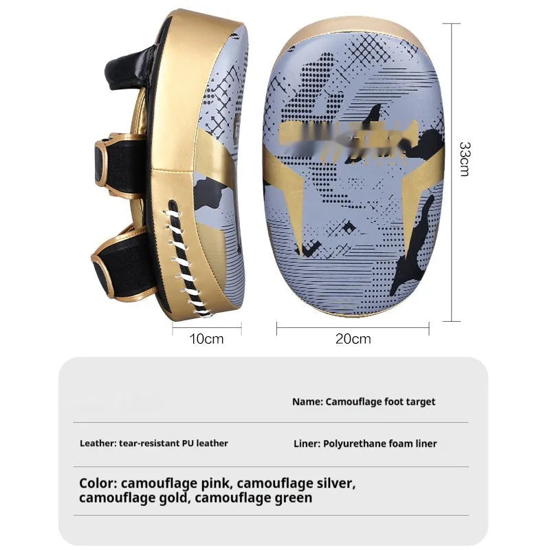 Vertical PU camouflage kick pad for taekwondo and boxing training, shown on floor