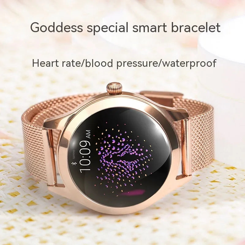 Women's multi-function smartwatch with heart rate monitor on wrist in black, rose gold, silver, or white.