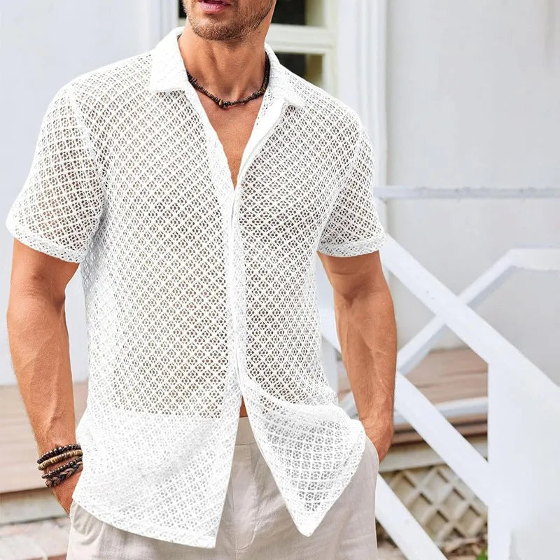 Men's cotton blend short sleeve summer shirt with lapel collar in black colour