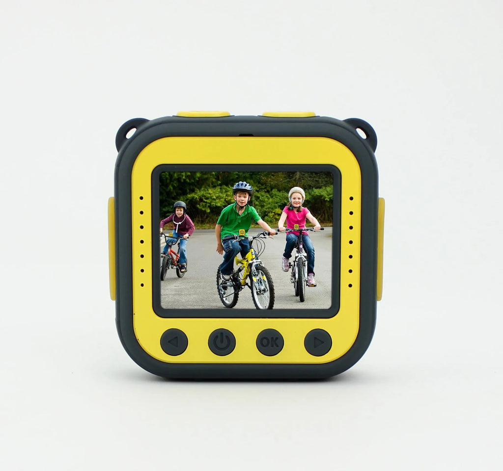 Yellow children's waterproof sports action camera with a 1.77-inch screen.