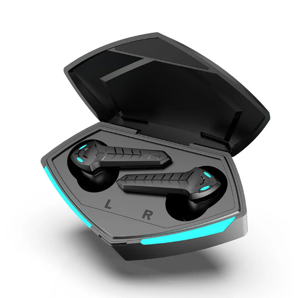 X15 black wireless in-ear Bluetooth gaming headset with charging case.