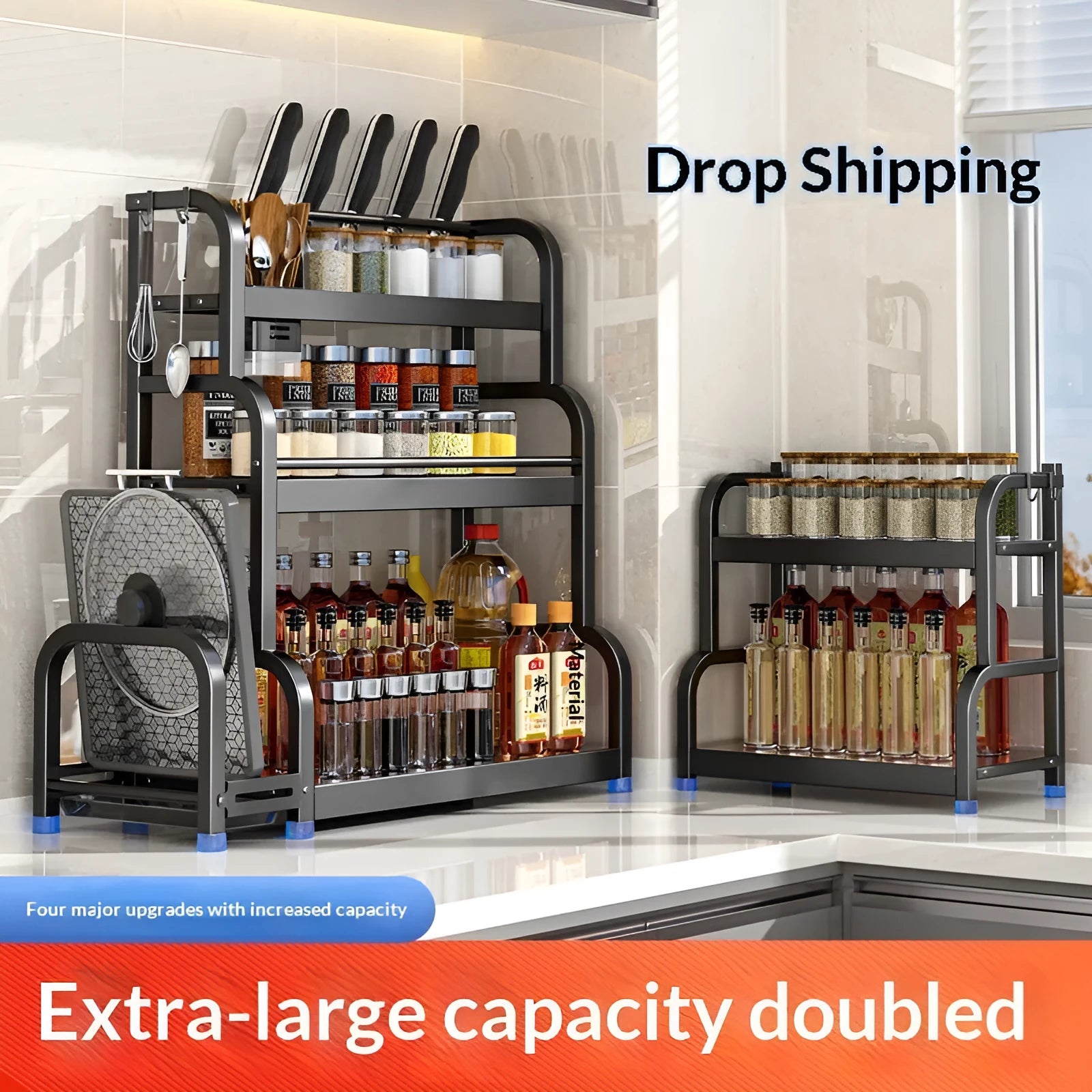 Modern no-drill carbon steel floor storage rack with knife holder and six hooks for kitchen organisation.