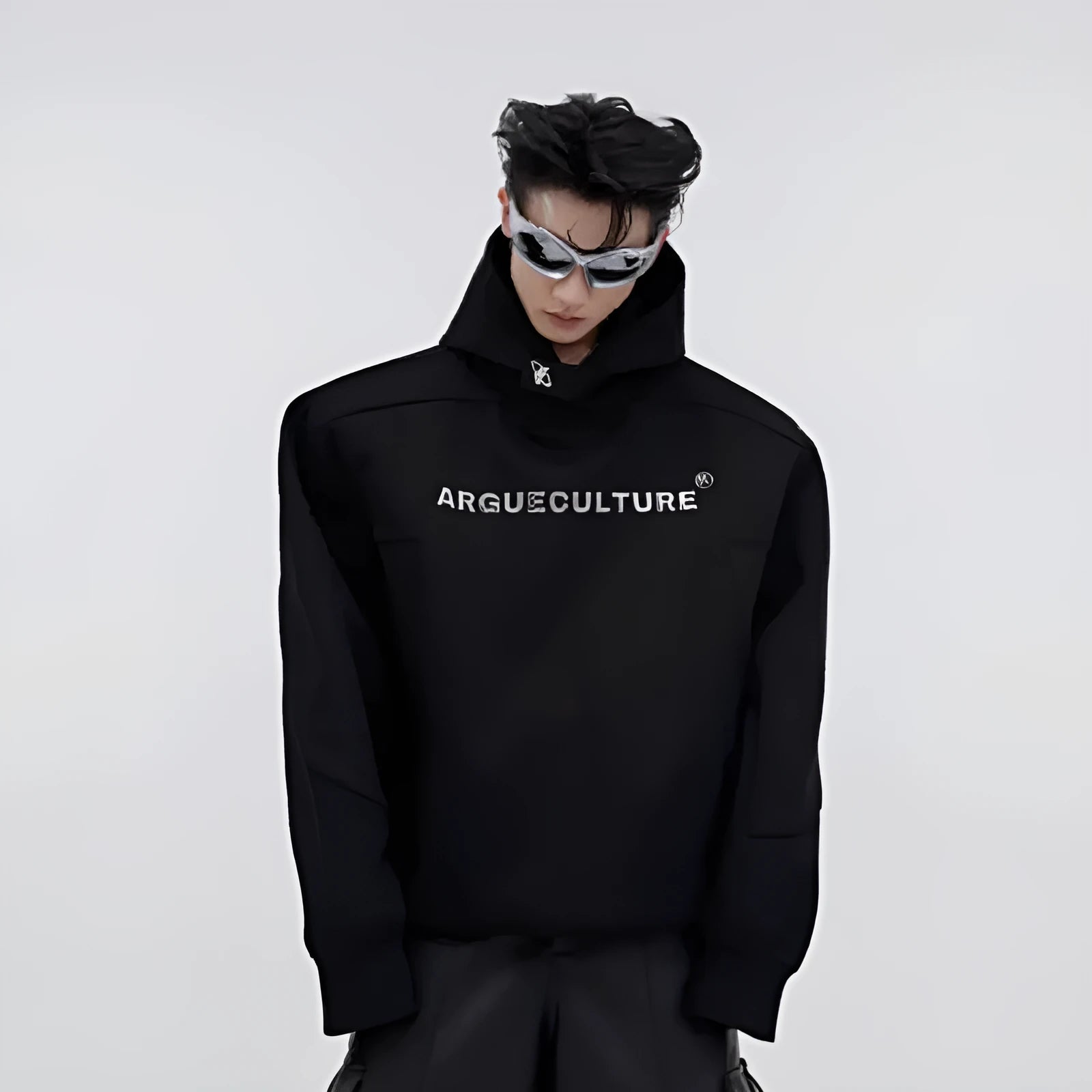 Men's red loose fit hooded sweater with heavy shoulder pads and metallic 3D printing detail.